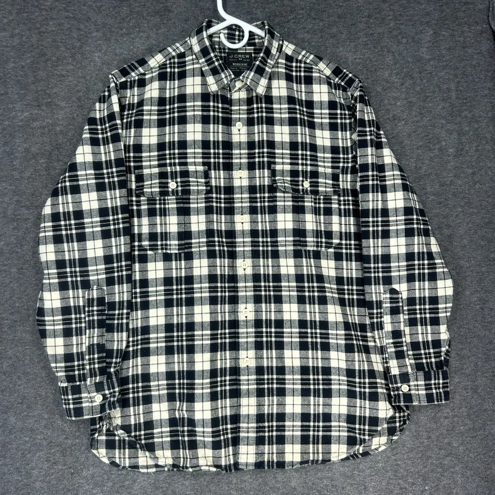 J. Crew Workshirt Mens Large Ivory black plaid Flannel Button Up Long‎ Sleeve